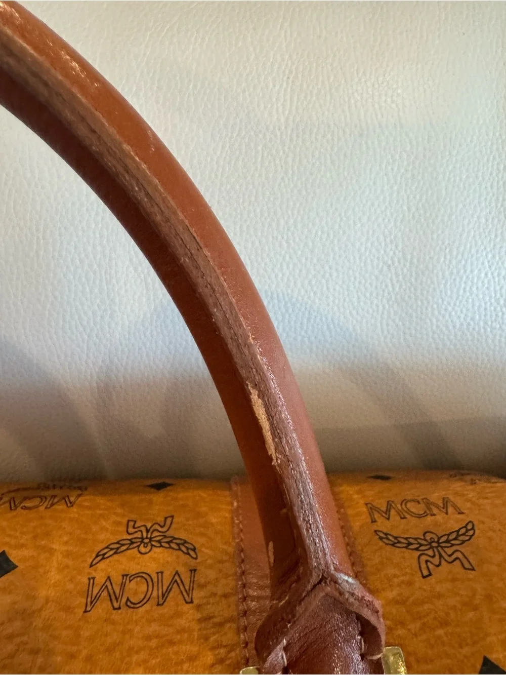 MCM Cognac Monogram Leather-Trim Duffel Bag